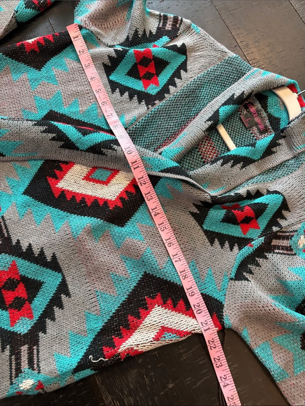 NWT Rock & Roll Cowgirl Grey Cardigan Teal & Red Aztec Pattern Large Western